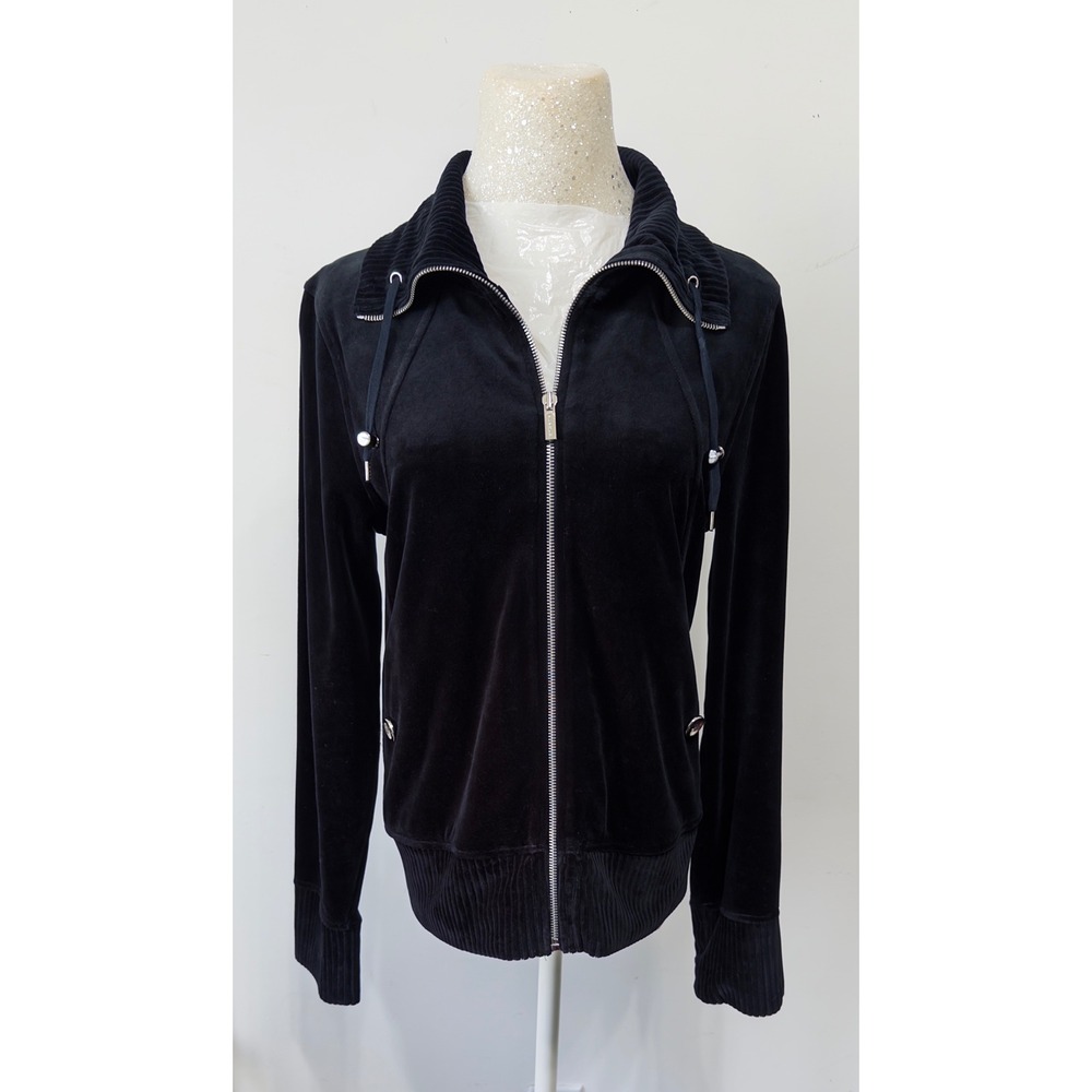 Jones New York Signature Womens Black Velour Zip Up sz S‎ Jacket Ribbed trim